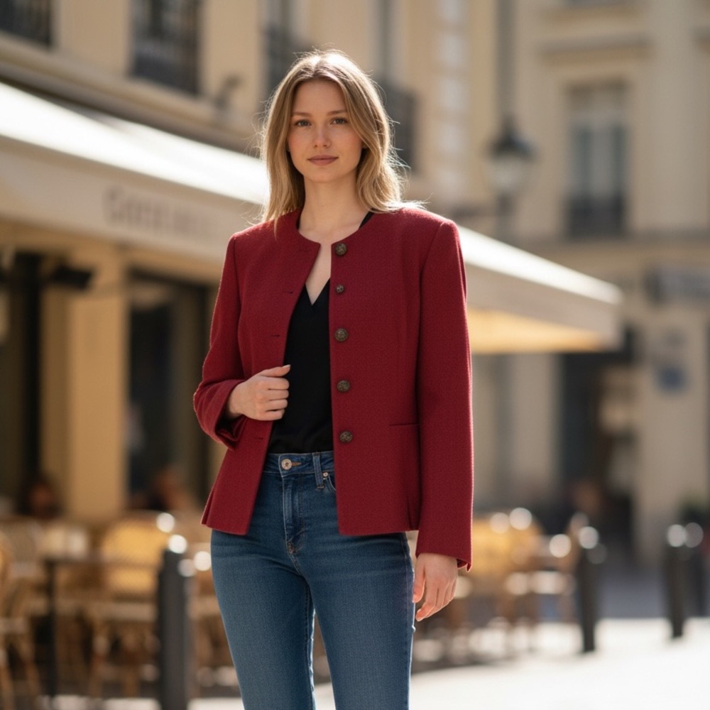 Vintage Worthington Deep Wine Red Collarless Button Jacket - 16